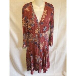 Free People Womens Sz 8 Maxi Dress Long Sleeve Button Front Deep V Marroon